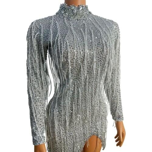 2021 Silver Rhinestone Gray Fringe Dress Dance Sexy Tassel Dress Prom Birthday Celebrate Evening Show Short Dress