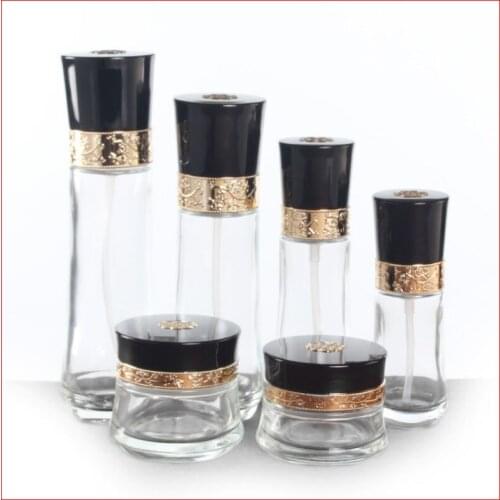 50/40/60/100/120ML clean Empty glass bottle/jar lotion pump Cosmetic Refillable Bottles w gold flower dec