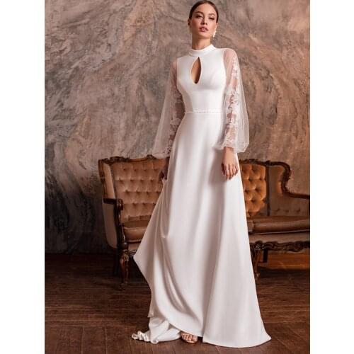 A Line High Neck Keyhole Wedding Dress Vintage Long Transparent Sleeve Lace 2021 Bridal Gowns With Train Plus Size Custom Made