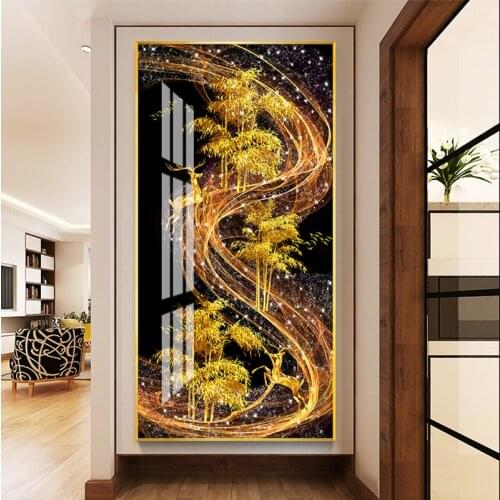 Abstract Golden Deer Painting Crystal Porcelain Painting Golden tree Diamond inlay Painting Modern Wall Art Picture Home decor