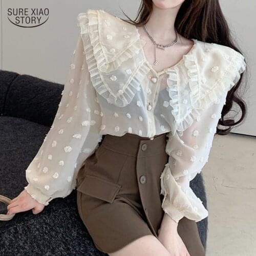 2021 Autumn Office Lady Long-Sleeve Women Blouse New Korean Plus Size Chiffon Shirt Women White Blue Cardigan Ladies Tops 10506