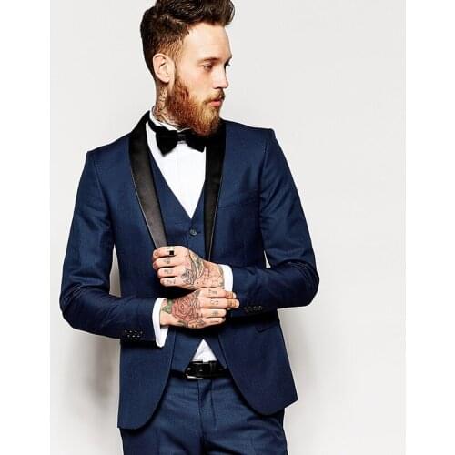 Custom Made men suit Groom Tuxedo Navy Blue Groomsmen Shawl Lapel mens Wedding Suits Best Man Bridegroom (Jacket+Pants+Tie+Vest)