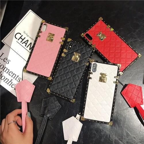 For iPhone 11 Pro Max X XS MAX XR 6 6S 7 8 Plus Square Case Cover Luxury Classic Pattern Lanyard Phone Cases For Samsung Cover