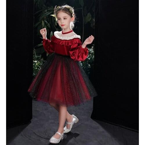 Litttle Girls Tutu Ruffle Dress Flower Girls Long Batwing Sleeve Toddler Girl Performance Dancing Maroon Christmas Party Pageant