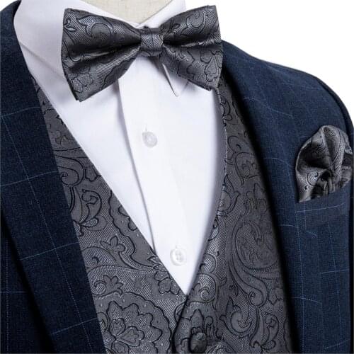 Mens Gray Floral Fashion Silk Wedding Waistcoat Vest For Men Bowtie Hanky Cufflinks Cravat Set for Suit Tuxedo DiBanGu MJ-119