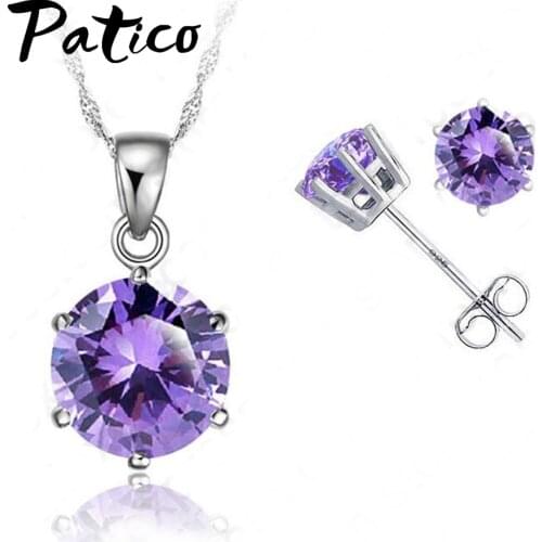 New Elegant 8 Colors Cubic Zirconia 925 Sterling Silver Jewelry Sets 6 Claws Stud Earring Pendant Necklace 18" Chain