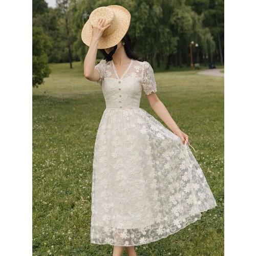 2021 Summer New Womens Noble Temperament Girl Young v-Neck Short-Sleeved Dress Wedding Dress Party Lace Mid-Length Dress