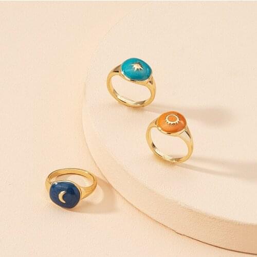New Fashion Enamel Round Rings For Women Star Moon AlloyMetal Finger Rings Girl Wholesale Accessories Party Gifts Drop Shipping