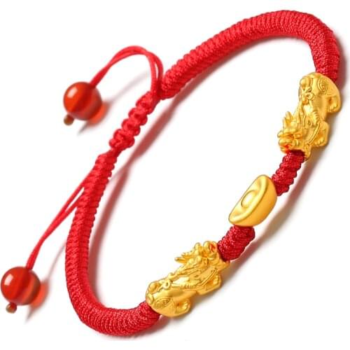 New Real 24k Yellow Gold 3D Luck Two Pixiu With Ingot Red Knitted Bracelet 6.7"L