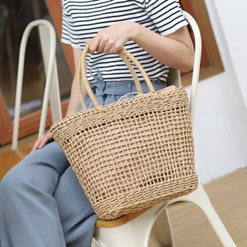 Casual Rattan Women Handbags Wicker Woven Hollow Shoulder Bags Summer Beach Basket Straw Bag Bali Big Purses Large Capacity Tote
