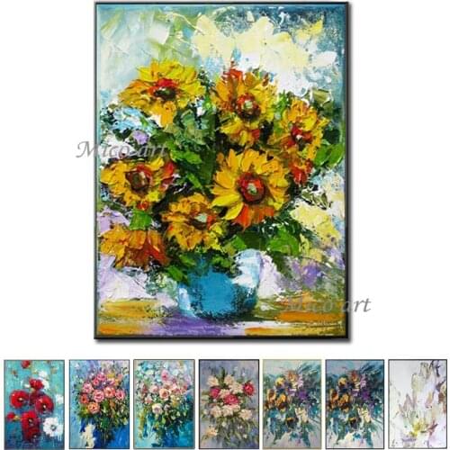 Hand drawn abstract oil painting mural sunflower flower on canvas, abstract painting art flower, bedroom with painting