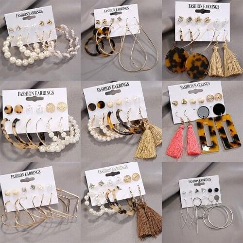 2020 New Trendy Stud Earrings Women Fashion Girl Geometric Metal Acrylic Tassel Drop Earring Set Jewelry Accessories Wholesale