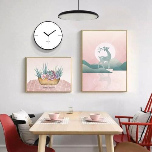Modern Canvas Painting Pink Deer Landscape Green Plant Decor Pictures Nordic Wall Art Posters And Prints For Living Room Home