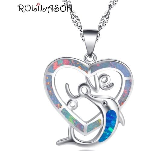 ROLILASON Stylish heart shape design for women white and blue fire opal silver Necklace Pendants Fashion Jewelry OP807