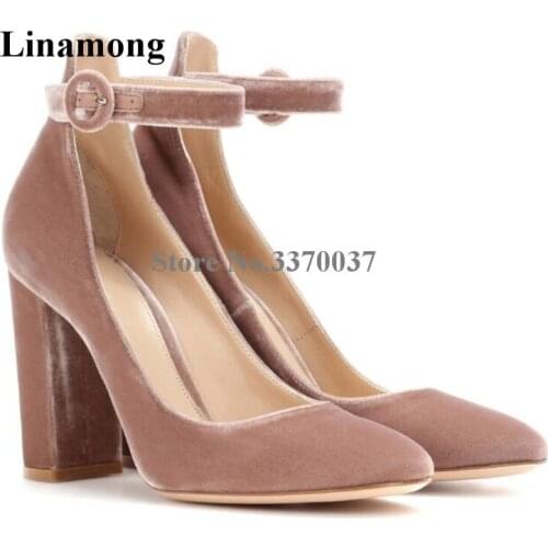 New Design Elegant Pointed Toe Velvet Chunky Heel Pumps Pink Grey Ankle Strap Buckle Thick High Heels Formal Dress Shoes
