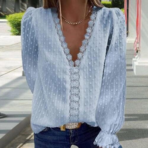 Office Lady Shirt Lace Patchwork V Neck Women Solid Color Long Sleeve Chiffon Blouse Streetwear