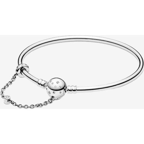 925 Sterling Silver Pan Bracelet Shiny Round Bracelet With Safety Chain Button Fit European Charm Bracelets Women Jewelry