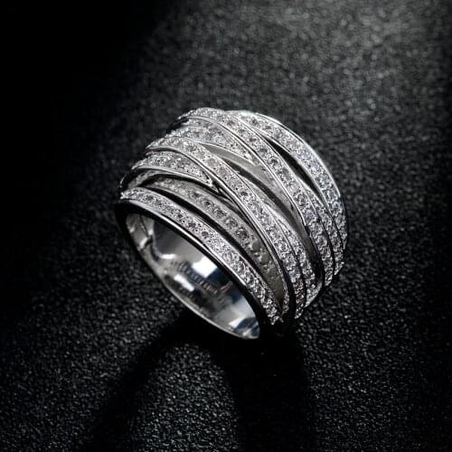 Top Quality New Fashion Mosaic AAA Zircon Crystal Multilayer Criss-Cross Silver Ring for Women Luxury Jewelry