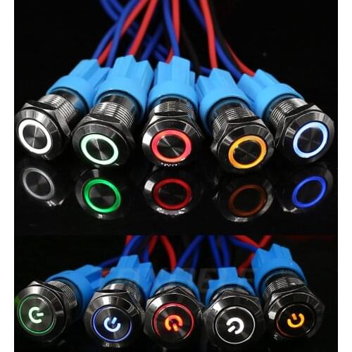 12mm LED Light Metal Push Button Switch 5 Colors 4 Pin Annular Car Power Signal Power Button Switch 3V 6V 12V 24V 220V