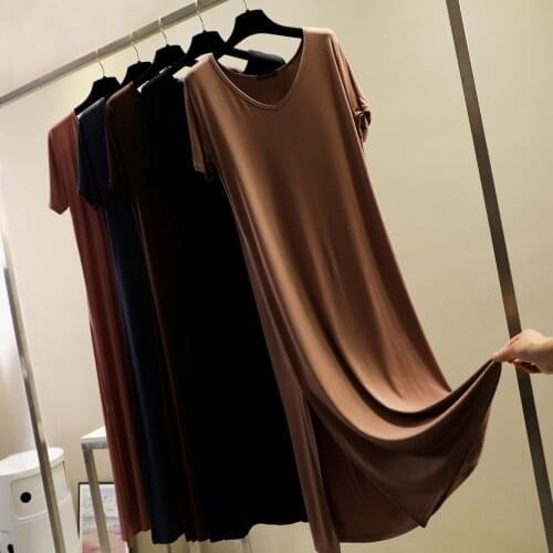 2021 New Ladies Elegant Sports Casual Dress Solid Color Large Round Neck Short Sleeve Side Open Womens Midi Dress Summer Women
