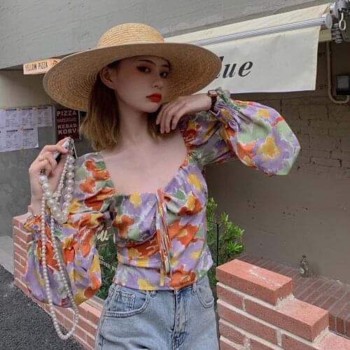 2021 New Floral Print Long Sleeve Shirt Blouse Women V Neck Puff Sleeve Summer Beach Party Sexy Shirt French Retro Blouse Tops