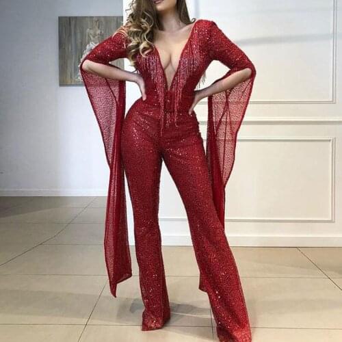 BKLD Deep V Neck Jumpsuit For Women 2020 Club Sequin Flare Pants Jumpsuit Sexy Backless Bodysuit Women Long Sleeve Autumn Winter