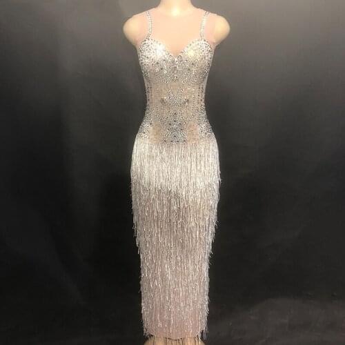 Glisten Rhinestones Tassel See Through Dress Female Singer Bar Dresses Birthday Celebrate Costume Mesh Long Dress Sparkling Wear