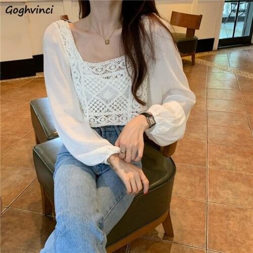 Blouses Women Fashion Korean Simple Solid Hollow Out All-match Chic Streetwear Fall Design Long Sleeve Patchwork Chiffon Female