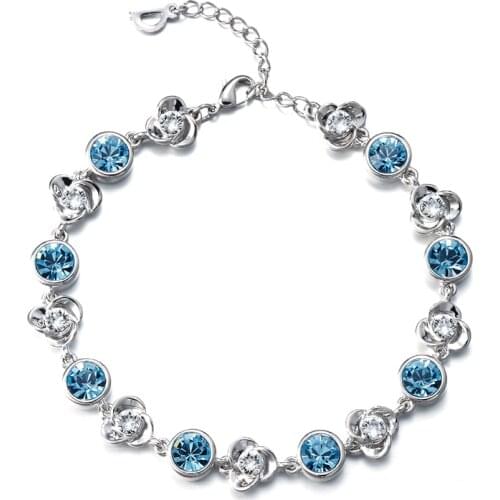 COCOM Lovely Flower Bangle Bracelet for Women Girls Adjustable Chain Blue White Round Austrian Crystals Christmas Holiday Gift