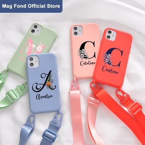 Custom Name Phone Case For iPhone 12 11 Pro 7 8 Plus X XR XS Max Soft Silicone Flowers letters With Lanyard Sling Strap Cover