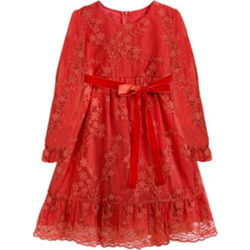 Girls Prom Dress Long Sleeve Red Lace Dresses 6 8 10 12 years Party Wedding Clothes