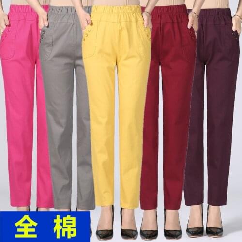 Middle Aged Womens New Trousers Spring Summer Stretch Waist Cotton Feet Pants Female Autumn Solid Casual Pants Plus Size 5XL