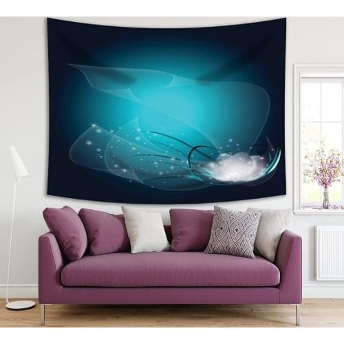 Tapestry Abstract Glowing Lotus Flower Leaves Stars Waves Modern Technology Futuristic Art Teal Green White