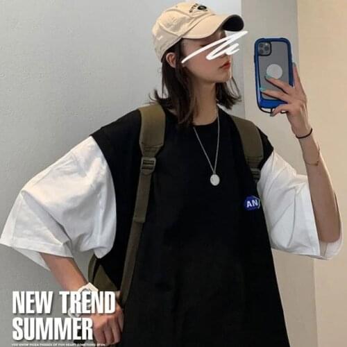 Fake two-piece tops for Men Women extra-large size womens 150KG Korean Hong Kong style short-sleeved t-shirt hip hop trend top