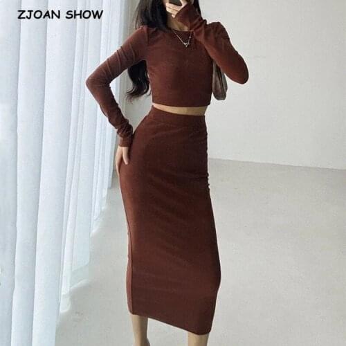 2021 Vintage Long Sleeve T-shirt Sexy Women Bodycon Package Hips Midi Skirt Crop Top Short Pullover Tee Tops 2 Pieces Set