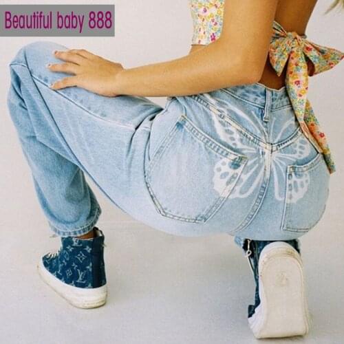 Meqeiss Harajuku Sweet Butterfly Print Graphic Design Denim Pants Womens Leisure Streetwear Jeans Basic Loose Trousers Mujer