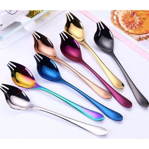 Multifunction Dessert Fruit Forks Creative 2 In 1 Salad Forks Spoon 304 Stainless Steel Three Tooth Kitchen Tableware