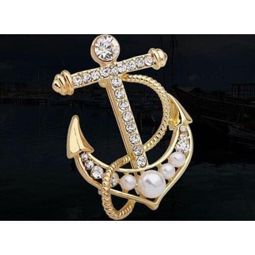 Fashion Gold Color Crystal And Pearl Beads Anchor Cut Cool Brooch Elegant Jewelry Pins Retail