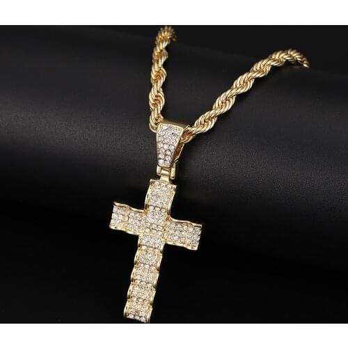 Arc-shaped Cross Iced Out Bling Bling Crystal Pendant For Men Charm Chain Necklace Fathers Day Fashion Gift Hip Hop Jewelry