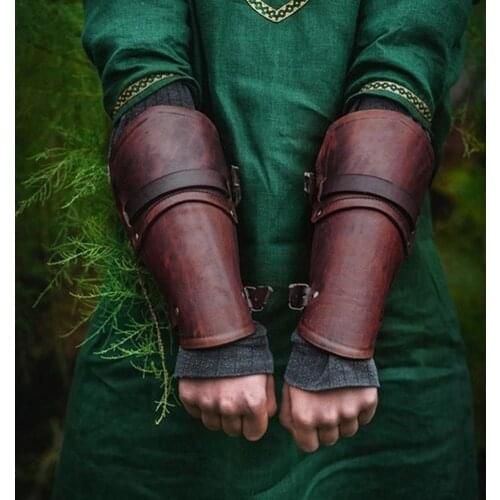 Men Medieval Cosplay Leather Armor Arm Warmers Lace-Up Viking Pirate Knight Gauntlet Wristband Bracer Steampunk Accessories