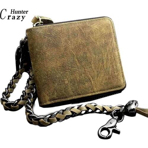 Mens Vintage Biker Leather Zipper Coin Money Credit Card Wallet With Key Chain Briwn