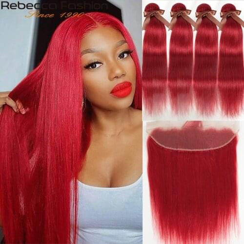 Rebecca Red Bundles With Frontal Straight Hair Frontal With Bundles Brazilian Remy Human Hair 3 Bundles With Closure