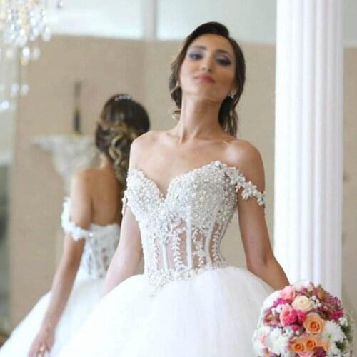 Robe De Mariage Off Shoulder Short Sleeve Pearls Dubai Wedding Dresses Turkey sweep train vestido de noiva 2019