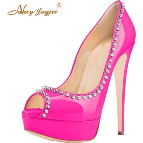 Rivets Pink Stilettos Platform Pumps Woman High Thin Heels Peep Toe Large Size 33 35 39 Ladies Dance Party Shoes Mature Fashion