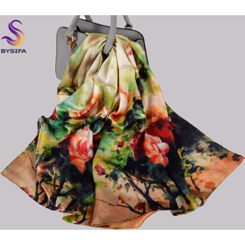 [BYSIFA] New Pure Silk Scarf Shawl Women Chinese Green Pink Peony Long Scarves Wraps Winter Hijabs Luxury Female Neck Scarf Cape