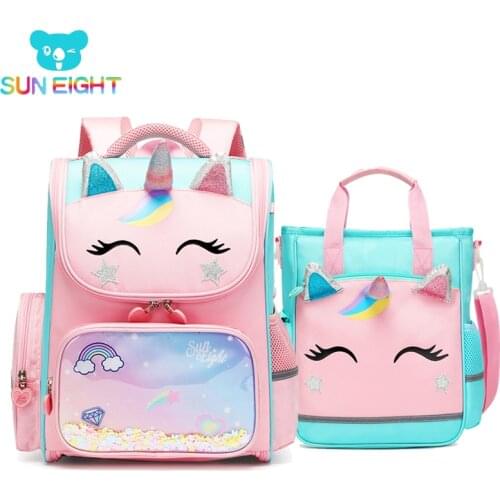 SUN EIGHT Unicorn Girl School Bags Orthopedic Children Books Bag Waterproof Nylon 3D Space
