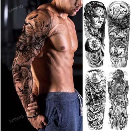 Tattoo sticker men sleeve large temporary tattoos full arm body art adult tattoo sexy waterproof wolf lion compass tattoo custom