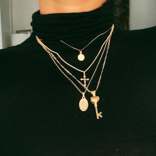 Vintage Multilayer Cross Figure Goddess Key Lock Pendant Necklace Women Exaggerated Geometric Necklace Jewelry Kolye YN1124