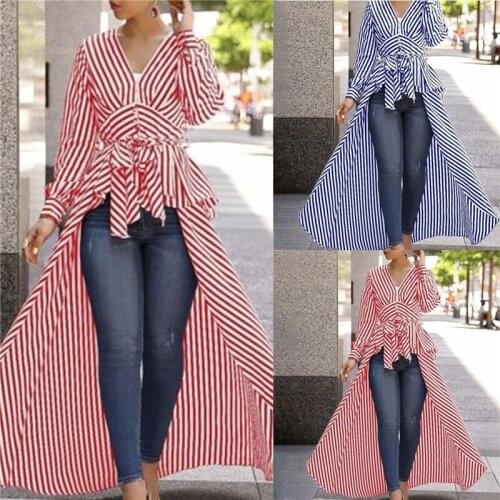Womens Long Sleeve Stripe Blouse Lace Up Irregular Long V-Neck Shirt Blouse Ladies Long Tops High Low Tunic Tops