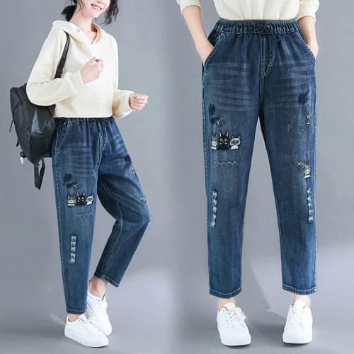 6360 Womens Jeans Cotton Cartoon Three Cats Embroidery Cute Cowboy Hole Scratch Drawstring Elastic Waist Denim Pants Female